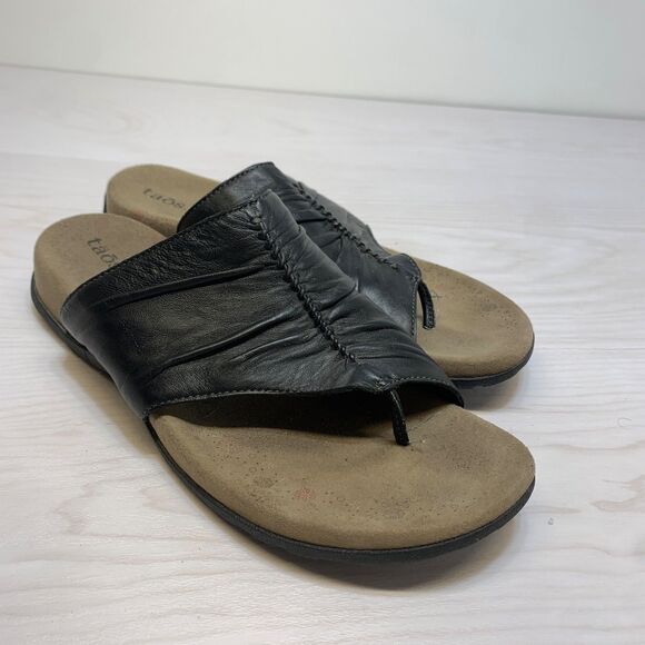 Taos Gift 2 Comfort Sandals Thong Ruched Leather Women's Size 10 Black - Picture 1 of 8